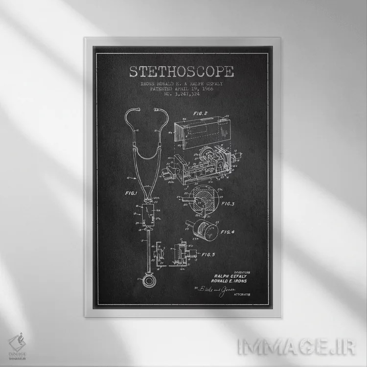 تابلو نقشهٔ ثبت اختراع گوشی پزشکی خاکستری اثر پیکسل کهنه (استودیو/نام هنری) - نمای قابدار سفید