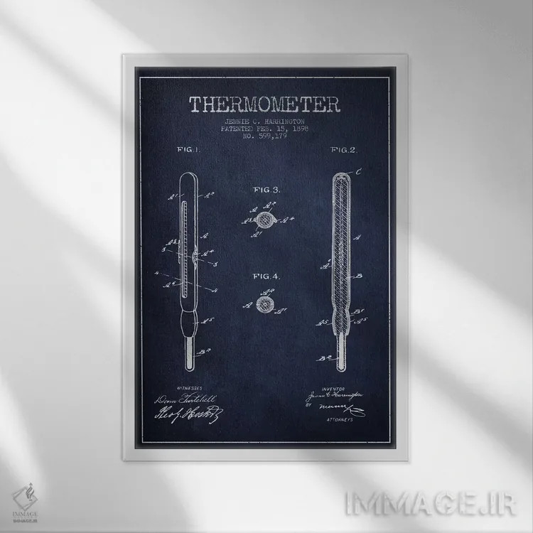 تابلو نقشهٔ ثبت اختراع دماسنج آبی نفتی اثر پیکسل کهنه (استودیو/نام هنری) - نمای قابدار سفید