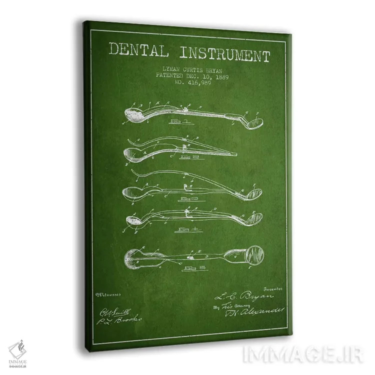 تابلو نقشهٔ ثبت اختراع ابزار دندانپزشکی سبز اثر پیکسل کهنه (استودیو/نام هنری) - نمای پرسپکتیو محصول