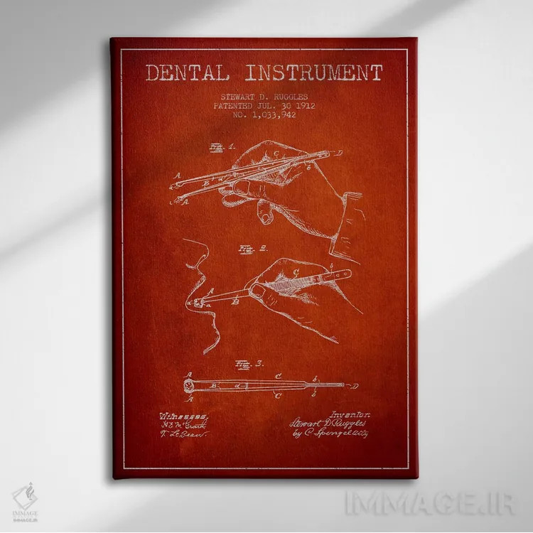 تابلو نقشهٔ ثبت اختراع ابزار دندانپزشکی قرمز اثر پیکسل کهنه (استودیو/نام هنری) - نمای روبهرو روی دیوار
