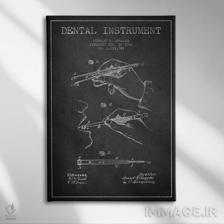 تابلو نقشهٔ ثبت اختراع ابزار دندانپزشکی خاکستری اثر پیکسل کهنه (استودیو/نام هنری) - نمای روبهرو روی دیوار