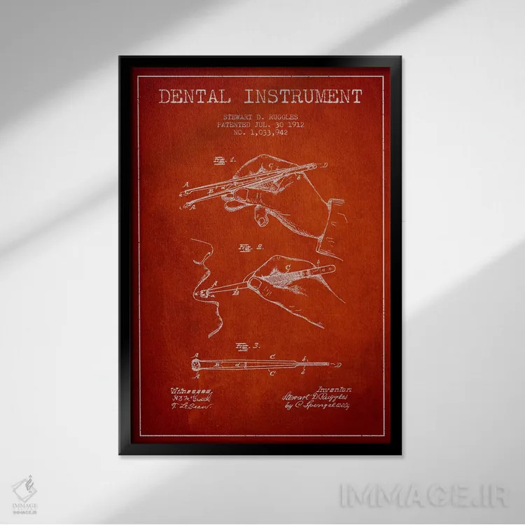تابلو نقشهٔ ثبت اختراع ابزار دندانپزشکی قرمز اثر پیکسل کهنه (استودیو/نام هنری) - نمای قابدار مشکی