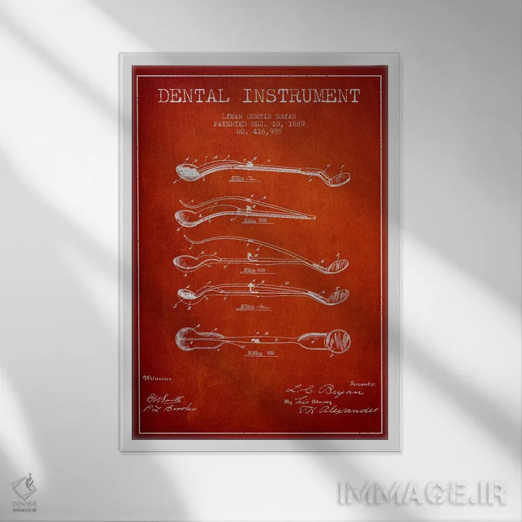 تابلو نقشهٔ ثبت اختراع ابزار دندانپزشکی قرمز اثر پیکسل کهنه (استودیو/نام هنری) - نمای قابدار سفید