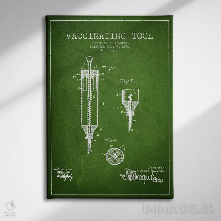 تابلو نقشهٔ ثبت اختراع ابزار واکسیناسیون سبز اثر پیکسل کهنه (استودیو/نام هنری) - نمای روبهرو روی دیوار