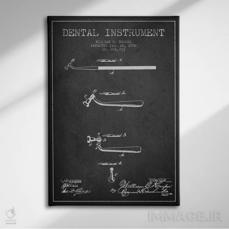 تابلو نقشهٔ ثبت اختراع ابزار دندانپزشکی خاکستری اثر پیکسل کهنه (استودیو/نام هنری) - نمای روبهرو روی دیوار
