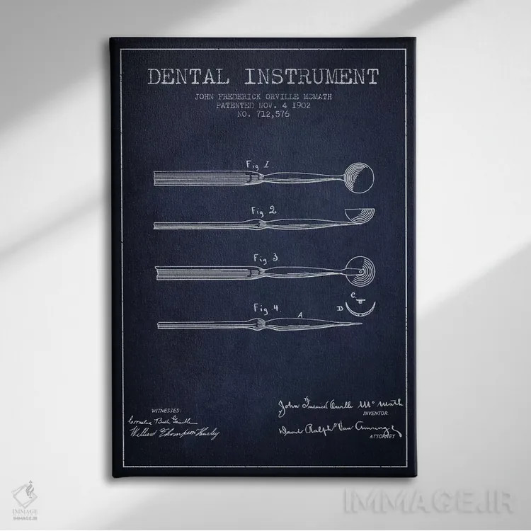 تابلو نقشهٔ ثبت اختراع ابزار دندانپزشکی آبی نفتی اثر پیکسل کهنه (استودیو/نام هنری) - نمای روبهرو روی دیوار