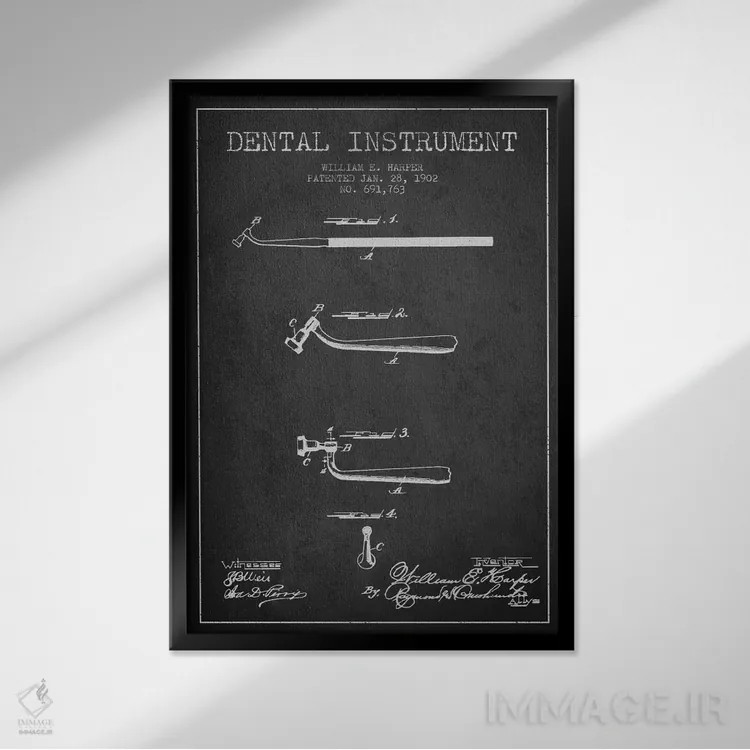 تابلو نقشهٔ ثبت اختراع ابزار دندانپزشکی خاکستری اثر پیکسل کهنه (استودیو/نام هنری) - نمای قابدار مشکی