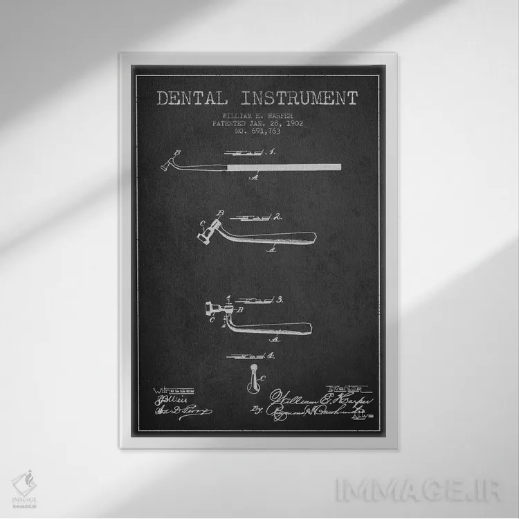 تابلو نقشهٔ ثبت اختراع ابزار دندانپزشکی خاکستری اثر پیکسل کهنه (استودیو/نام هنری) - نمای قابدار سفید