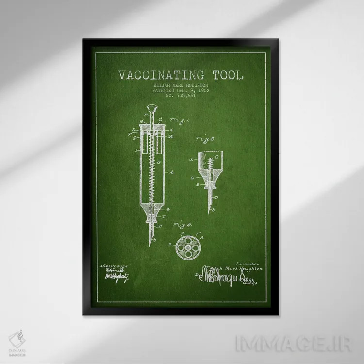 تابلو نقشهٔ ثبت اختراع ابزار واکسیناسیون سبز اثر پیکسل کهنه (استودیو/نام هنری) - نمای قابدار مشکی