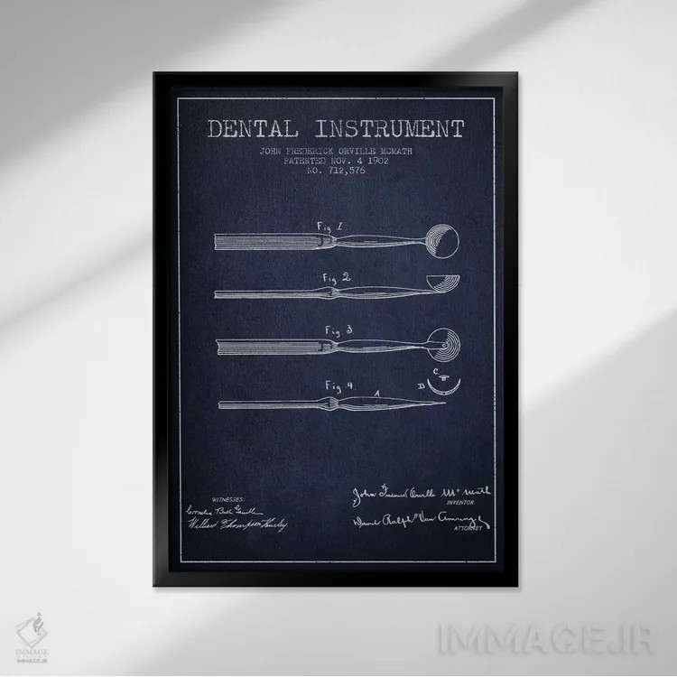 تابلو نقشهٔ ثبت اختراع ابزار دندانپزشکی آبی نفتی اثر پیکسل کهنه (استودیو/نام هنری) - نمای قابدار مشکی