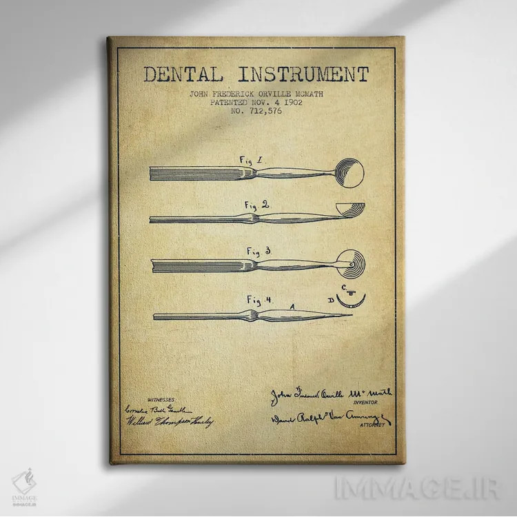 تابلو نقشهٔ ثبت اختراع ابزار دندانپزشکی (طرح کلاسیک) اثر پیکسل کهنه (استودیو/نام هنری) - نمای روبهرو روی دیوار