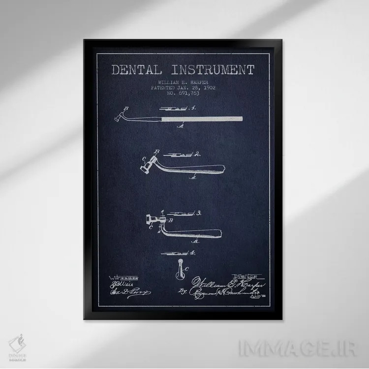 تابلو نقشهٔ ثبت اختراع ابزار دندانپزشکی آبی نفتی اثر پیکسل کهنه (استودیو/نام هنری) - نمای قابدار مشکی