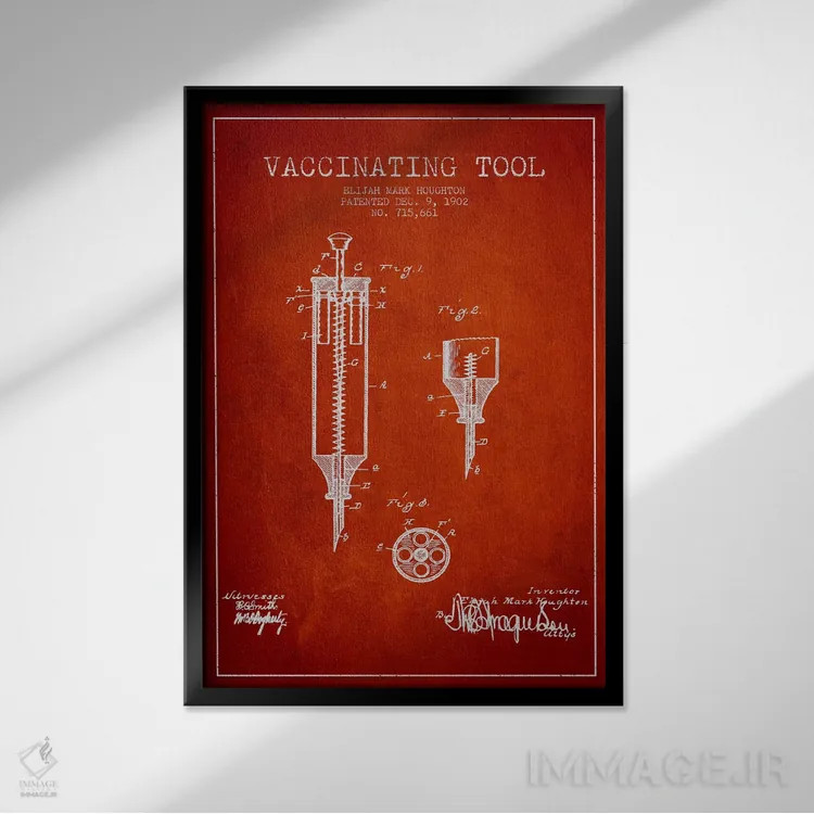 تابلو نقشهٔ ثبت اختراع ابزار واکسیناسیون قرمز اثر پیکسل کهنه (استودیو/نام هنری) - نمای قابدار مشکی