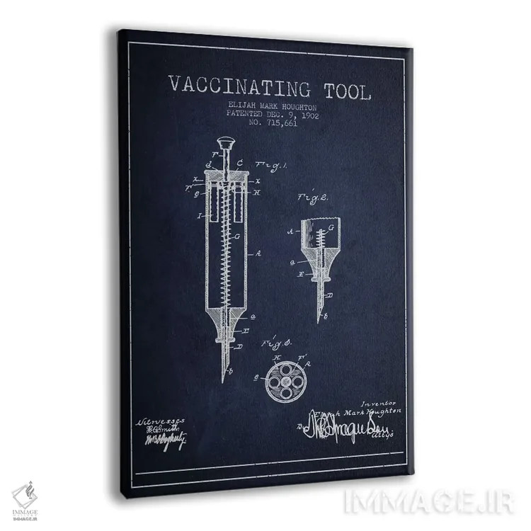 تابلو نقشهٔ ثبت اختراع ابزار واکسیناسیون آبی نفتی اثر پیکسل کهنه (استودیو/نام هنری) - نمای پرسپکتیو محصول