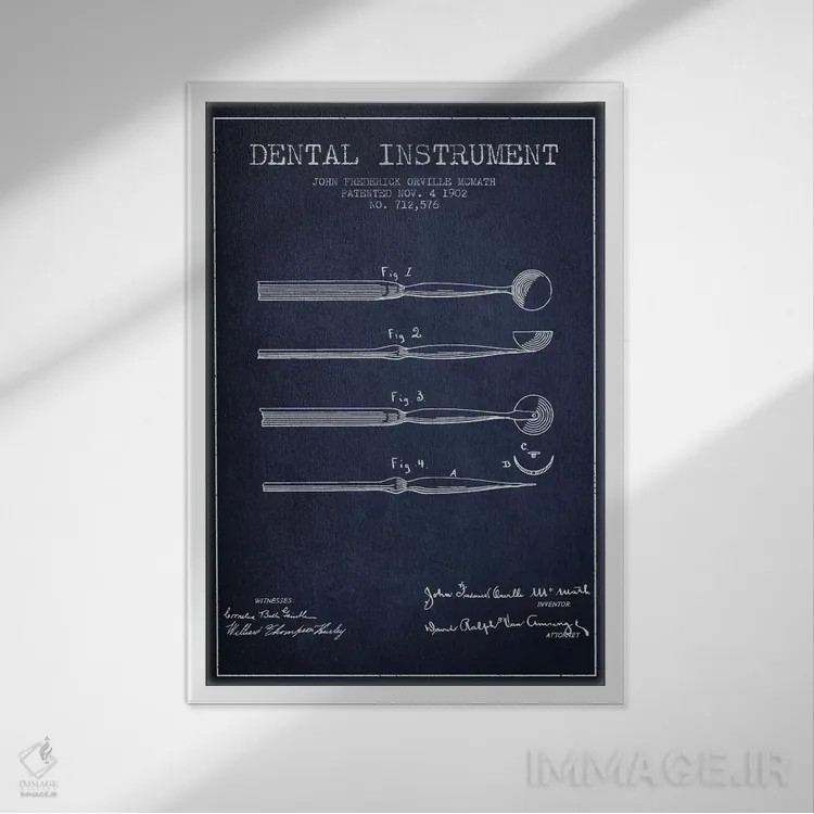 تابلو نقشهٔ ثبت اختراع ابزار دندانپزشکی آبی نفتی اثر پیکسل کهنه (استودیو/نام هنری) - نمای قابدار سفید