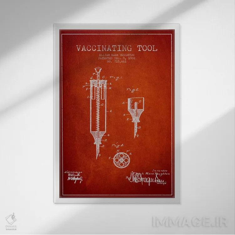 تابلو نقشهٔ ثبت اختراع ابزار واکسیناسیون قرمز اثر پیکسل کهنه (استودیو/نام هنری) - نمای قابدار سفید