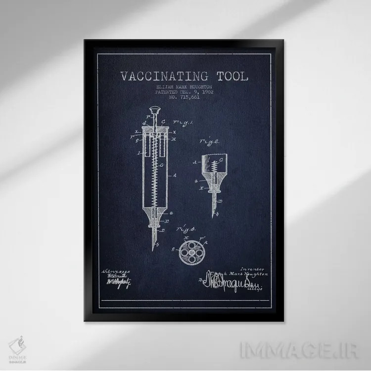 تابلو نقشهٔ ثبت اختراع ابزار واکسیناسیون آبی نفتی اثر پیکسل کهنه (استودیو/نام هنری) - نمای قابدار مشکی