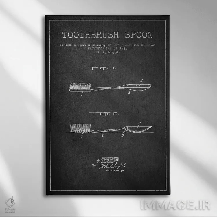 تابلو نقشهٔ ثبت اختراع قاشق مسواکدار خاکستری اثر پیکسل کهنه (استودیو/نام هنری) - نمای روبهرو روی دیوار