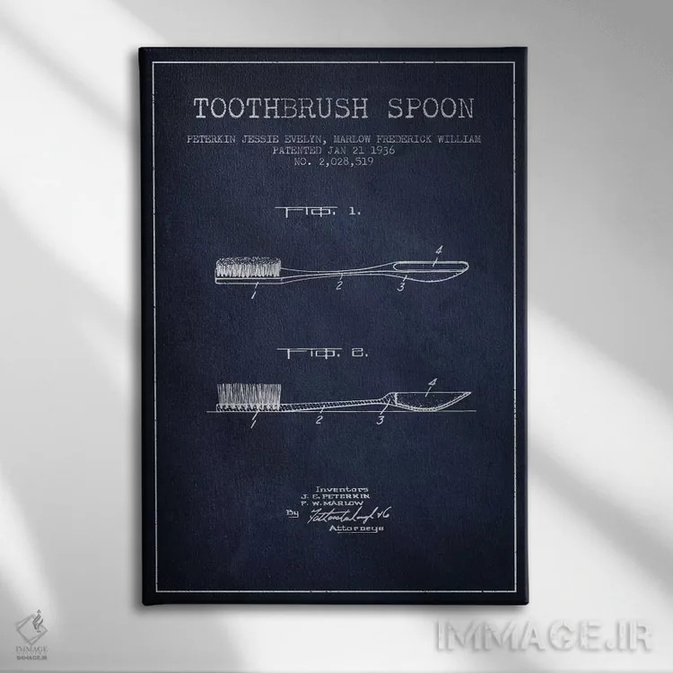 تابلو نقشهٔ ثبت اختراع قاشق مسواکدار آبی نفتی اثر پیکسل کهنه (استودیو/نام هنری) - نمای روبهرو روی دیوار