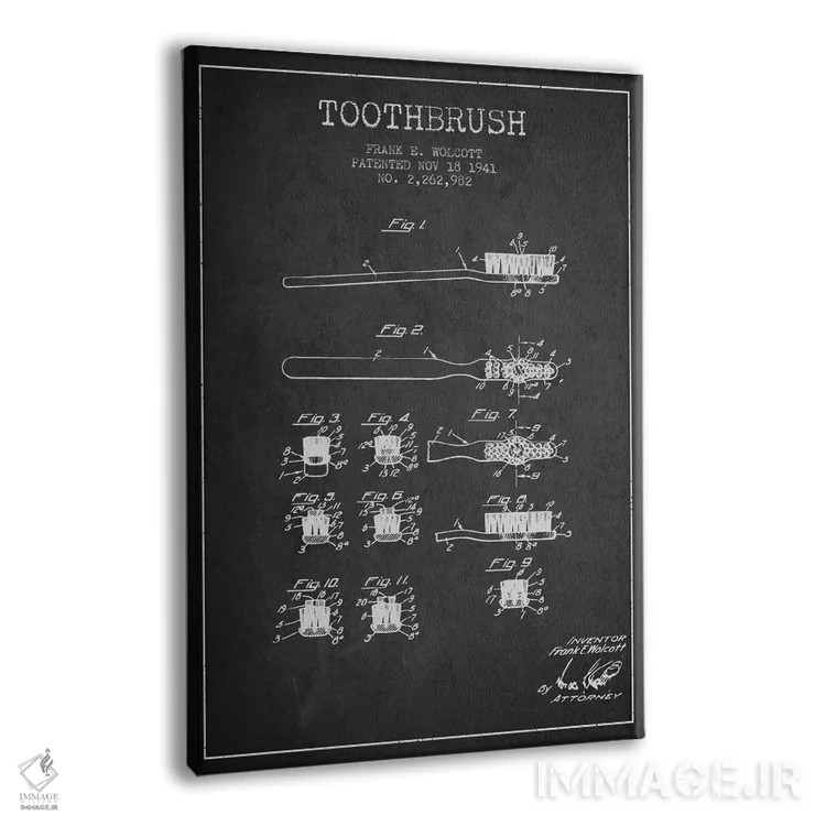 تابلو نقشهٔ ثبت اختراع مسواک خاکستری اثر پیکسل کهنه (استودیو/نام هنری) - نمای پرسپکتیو محصول