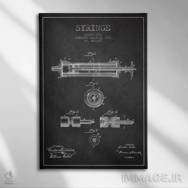 تابلو نقشهٔ ثبت اختراع سرنگ خاکستری اثر پیکسل کهنه (استودیو/نام هنری) - نمای روبهرو روی دیوار