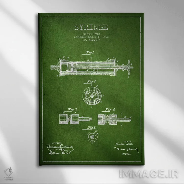 تابلو نقشهٔ ثبت اختراع سرنگ سبز اثر پیکسل کهنه (استودیو/نام هنری) - نمای روبهرو روی دیوار