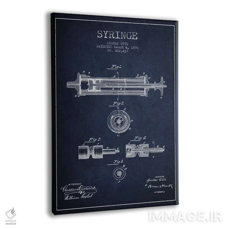 تابلو نقشهٔ ثبت اختراع سرنگ آبی نفتی اثر پیکسل کهنه (استودیو/نام هنری) - نمای پرسپکتیو محصول