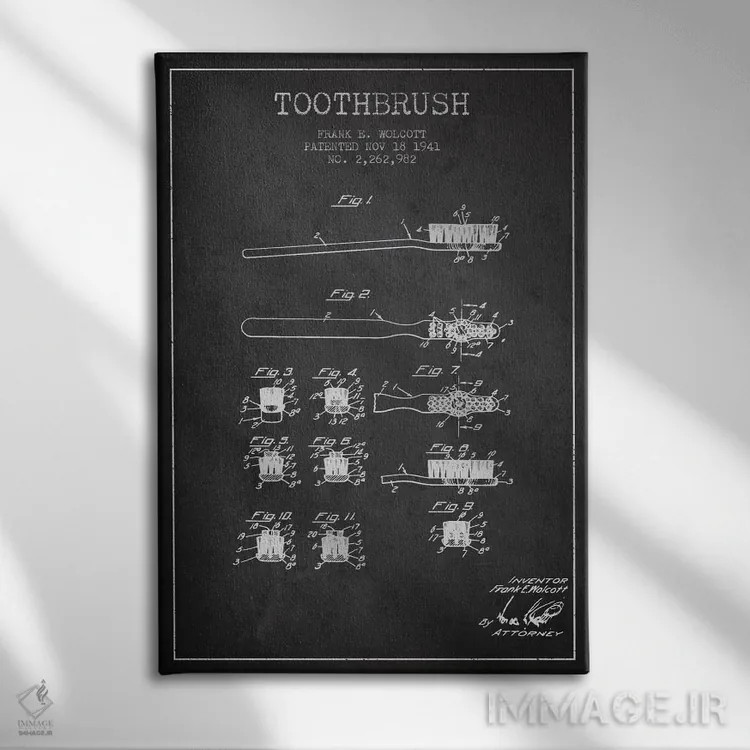 تابلو نقشهٔ ثبت اختراع مسواک خاکستری اثر پیکسل کهنه (استودیو/نام هنری) - نمای روبهرو روی دیوار