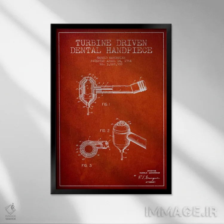 تابلو نقشهٔ ثبت اختراع محرک توربین قرمز اثر پیکسل کهنه (استودیو/نام هنری) - نمای قابدار مشکی