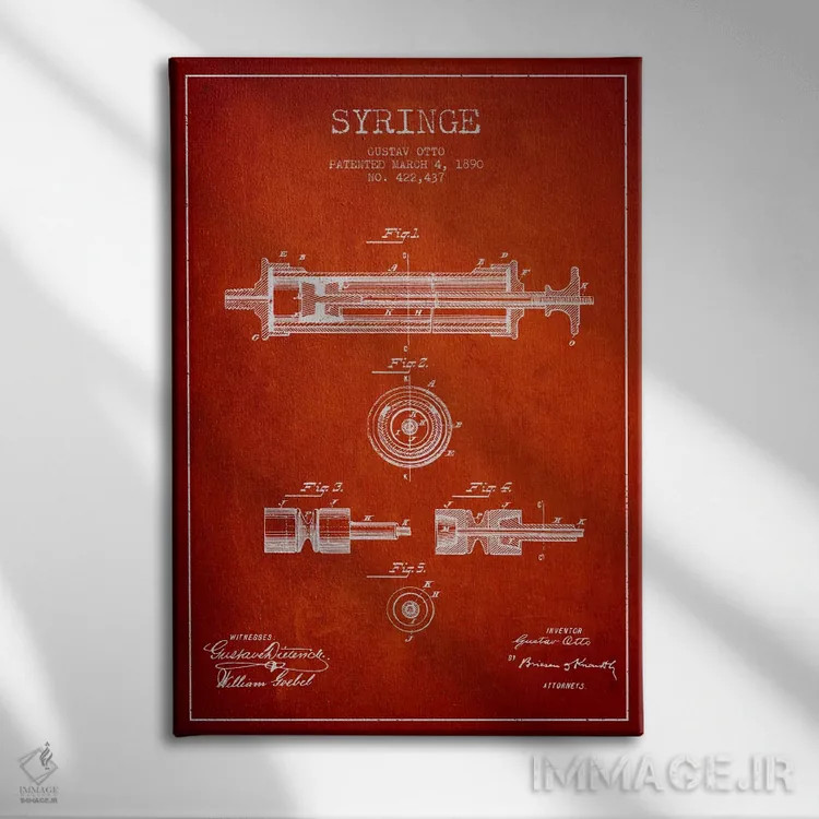تابلو نقشهٔ ثبت اختراع سرنگ قرمز اثر پیکسل کهنه (استودیو/نام هنری) - نمای روبهرو روی دیوار