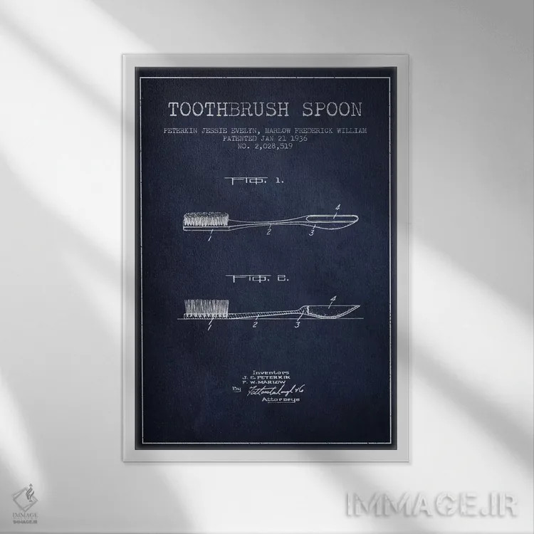 تابلو نقشهٔ ثبت اختراع قاشق مسواکدار آبی نفتی اثر پیکسل کهنه (استودیو/نام هنری) - نمای قابدار سفید