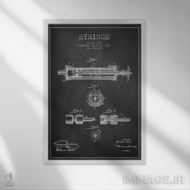 تابلو نقشهٔ ثبت اختراع سرنگ خاکستری اثر پیکسل کهنه (استودیو/نام هنری) - نمای قابدار سفید