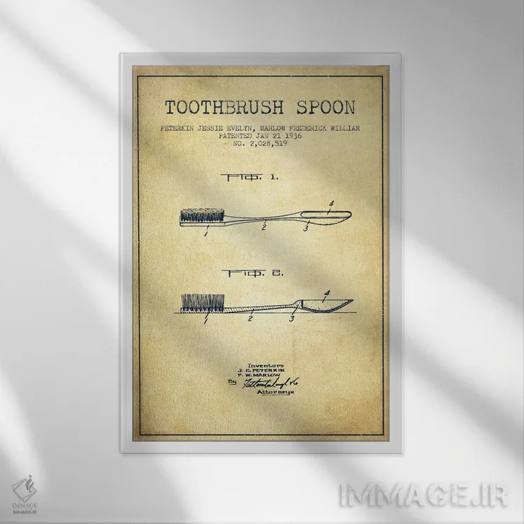 تابلو نقشهٔ ثبت اختراع قاشق مسواکدار (طرح کلاسیک) اثر پیکسل کهنه (استودیو/نام هنری) - نمای قابدار سفید