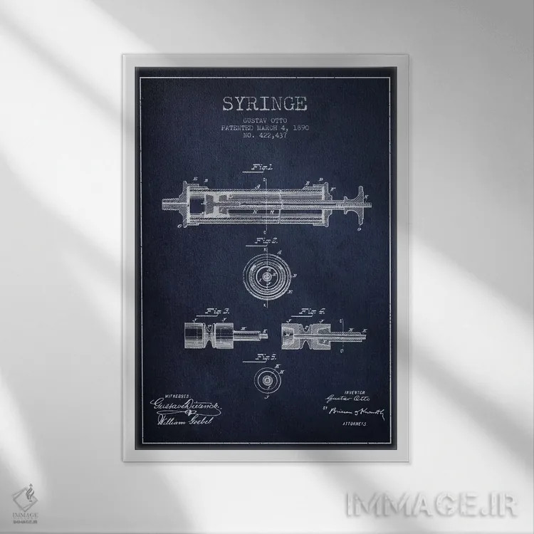 تابلو نقشهٔ ثبت اختراع سرنگ آبی نفتی اثر پیکسل کهنه (استودیو/نام هنری) - نمای قابدار سفید