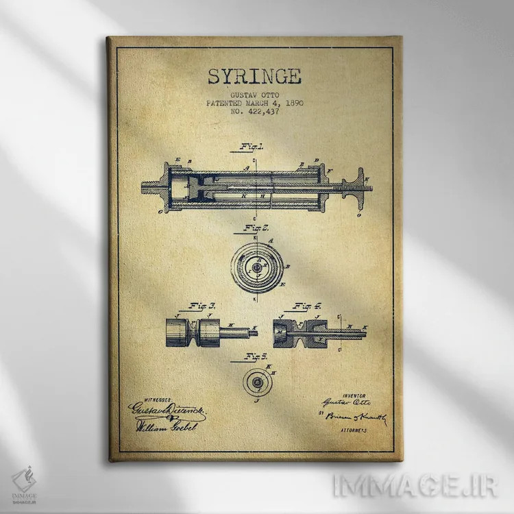 تابلو نقشهٔ ثبت اختراع سرنگ (طرح کلاسیک) اثر پیکسل کهنه (استودیو/نام هنری) - نمای روبهرو روی دیوار