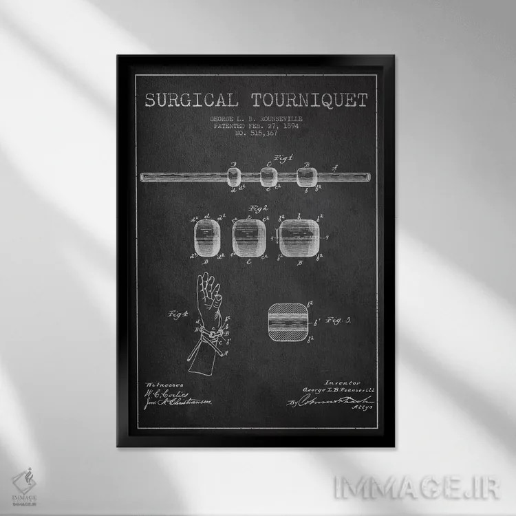 تابلو نقشهٔ ثبت اختراع تورنیکت جراحی خاکستری اثر پیکسل کهنه (استودیو/نام هنری) - نمای قابدار مشکی