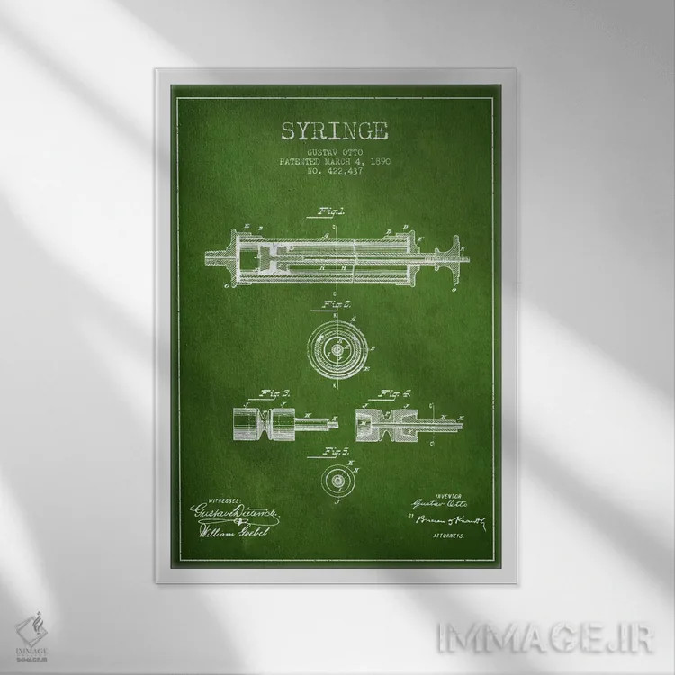 تابلو نقشهٔ ثبت اختراع سرنگ سبز اثر پیکسل کهنه (استودیو/نام هنری) - نمای قابدار سفید