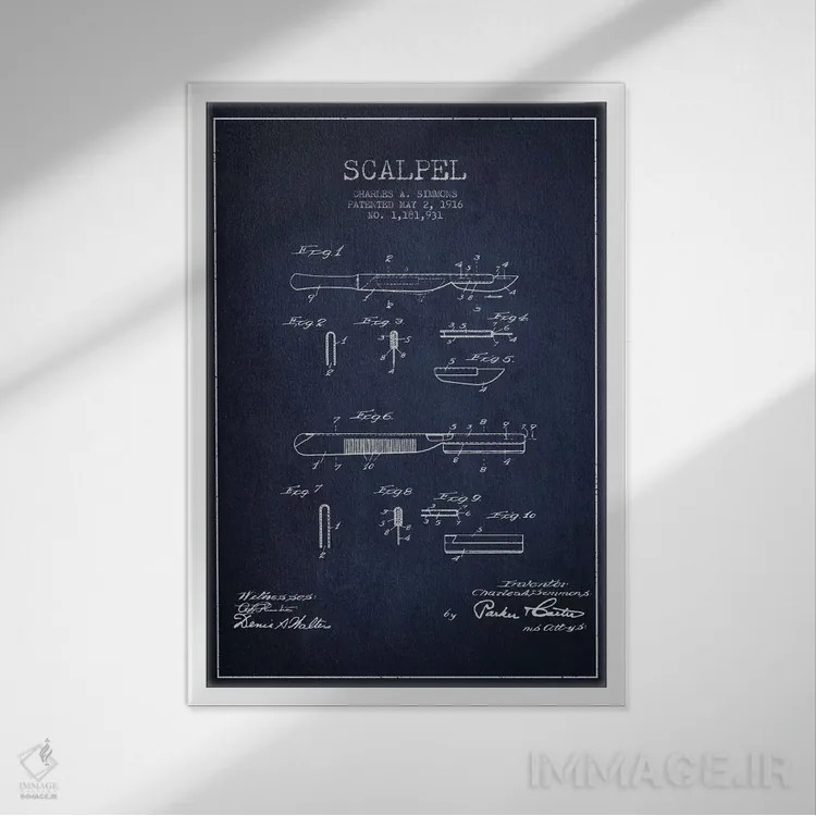 تابلو نقشهٔ ثبت اختراع اسکالپل آبی نفتی اثر پیکسل کهنه (استودیو/نام هنری) - نمای قابدار سفید
