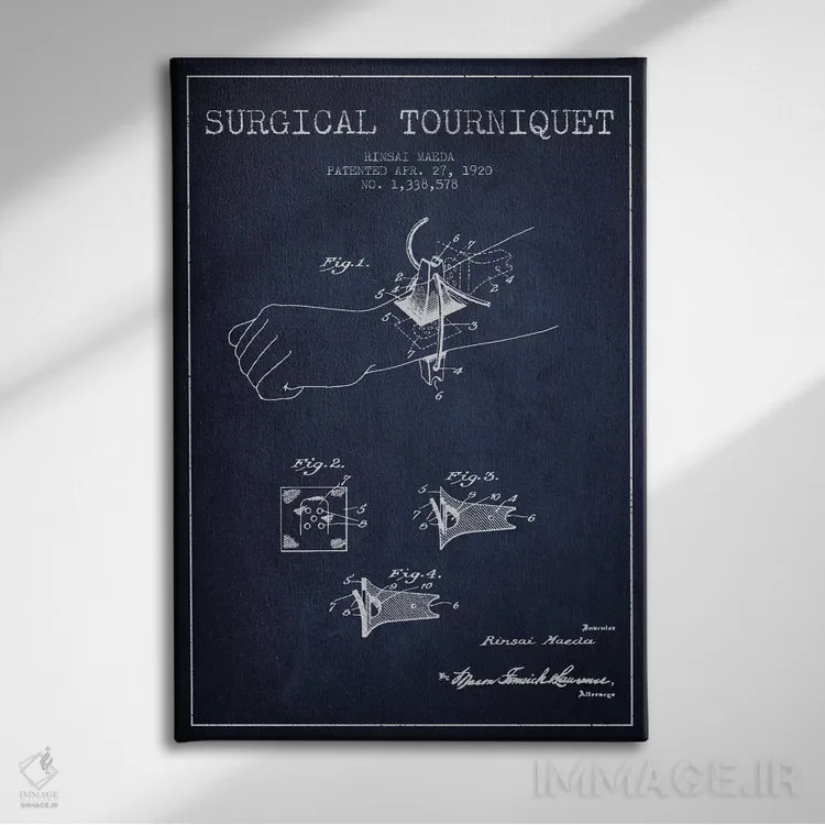 تابلو نقشهٔ ثبت اختراع تورنیکت جراحی آبی نفتی اثر پیکسل کهنه (استودیو/نام هنری) - نمای روبهرو روی دیوار