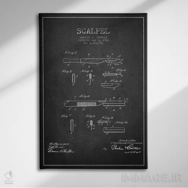تابلو نقشهٔ ثبت اختراع اسکالپل خاکستری اثر پیکسل کهنه (استودیو/نام هنری) - نمای روبهرو روی دیوار