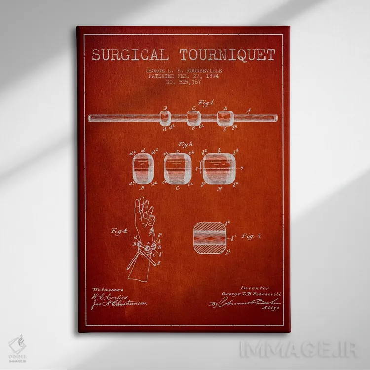 تابلو نقشهٔ ثبت اختراع تورنیکت جراحی قرمز اثر پیکسل کهنه (استودیو/نام هنری) - نمای روبهرو روی دیوار