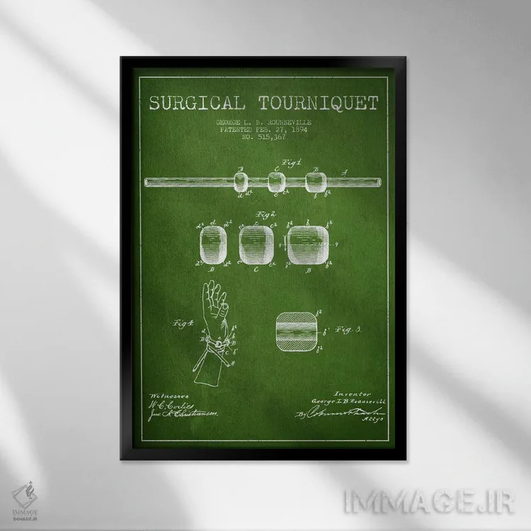 تابلو نقشهٔ ثبت اختراع تورنیکت جراحی سبز اثر پیکسل کهنه (استودیو/نام هنری) - نمای قابدار مشکی