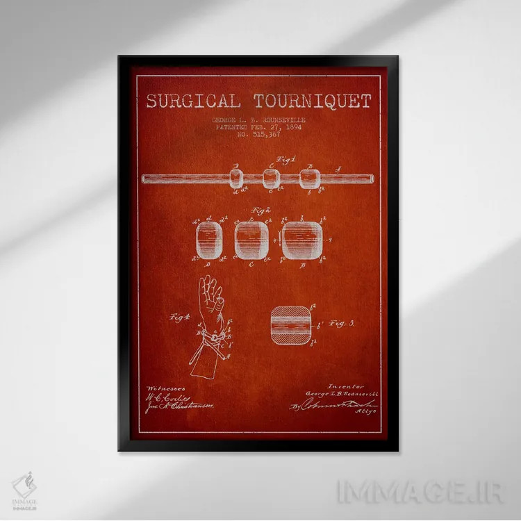 تابلو نقشهٔ ثبت اختراع تورنیکت جراحی قرمز اثر پیکسل کهنه (استودیو/نام هنری) - نمای قابدار مشکی