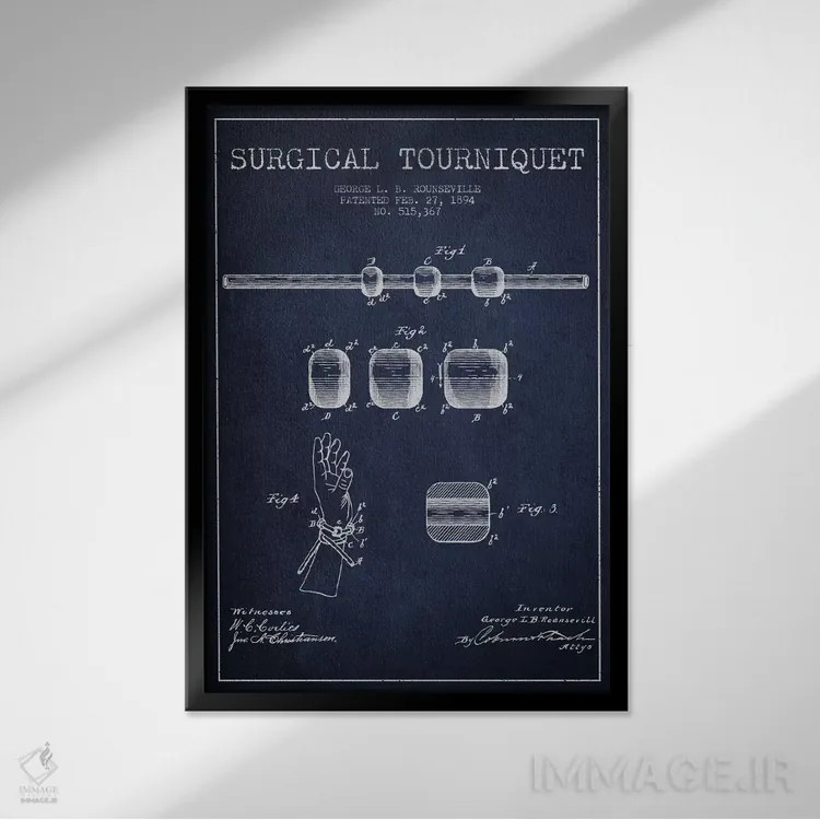 تابلو نقشهٔ ثبت اختراع تورنیکت جراحی آبی نفتی اثر پیکسل کهنه (استودیو/نام هنری) - نمای قابدار مشکی