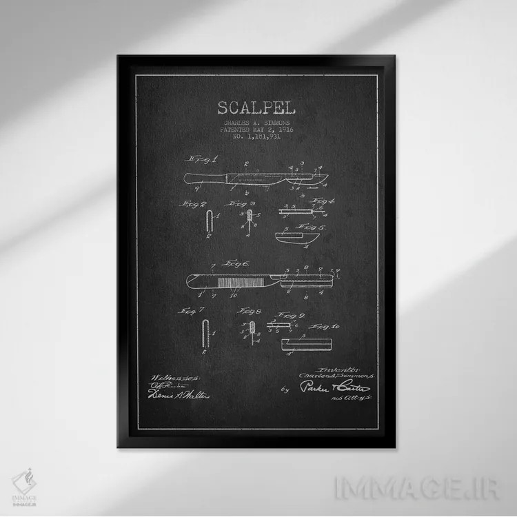 تابلو نقشهٔ ثبت اختراع اسکالپل خاکستری اثر پیکسل کهنه (استودیو/نام هنری) - نمای قابدار مشکی
