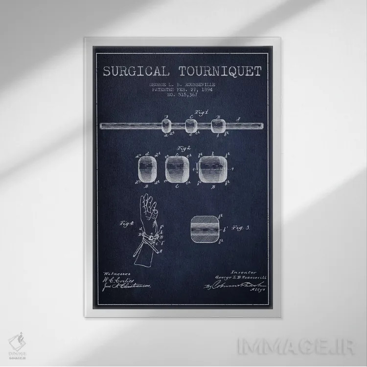تابلو نقشهٔ ثبت اختراع تورنیکت جراحی آبی نفتی اثر پیکسل کهنه (استودیو/نام هنری) - نمای قابدار سفید