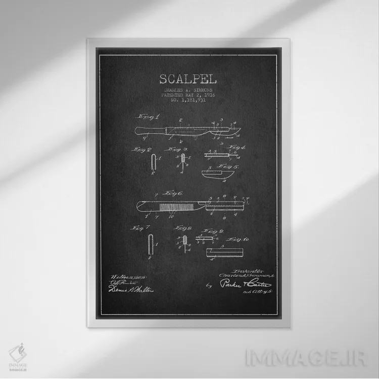 تابلو نقشهٔ ثبت اختراع اسکالپل خاکستری اثر پیکسل کهنه (استودیو/نام هنری) - نمای قابدار سفید