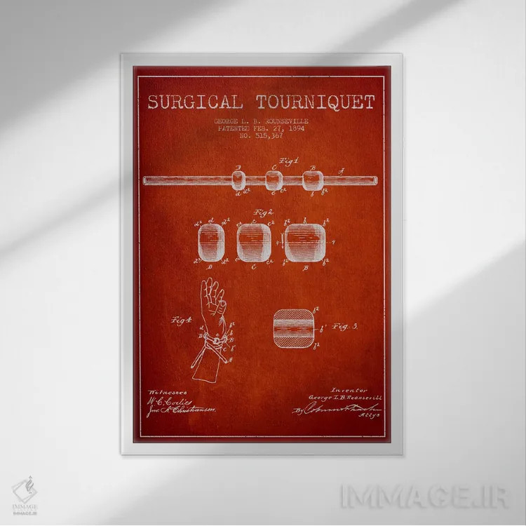 تابلو نقشهٔ ثبت اختراع تورنیکت جراحی قرمز اثر پیکسل کهنه (استودیو/نام هنری) - نمای قابدار سفید