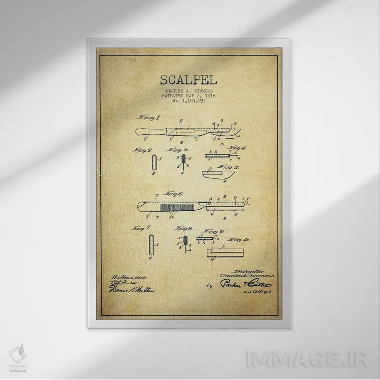 تابلو نقشهٔ ثبت اختراع اسکالپل (طرح کلاسیک) اثر پیکسل کهنه (استودیو/نام هنری) - نمای قابدار سفید
