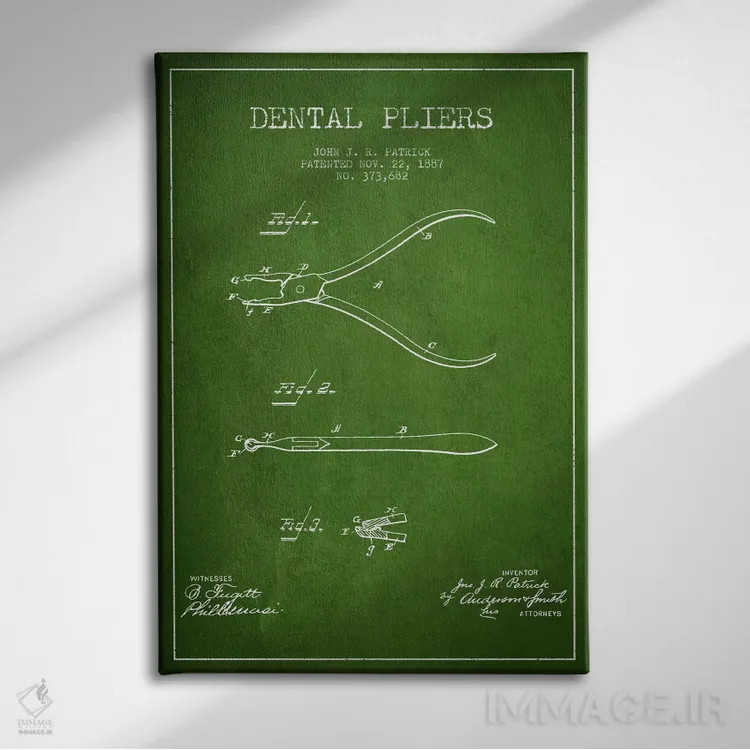 تابلو نقشهٔ ثبت اختراع انبر دندانپزشکی سبز اثر پیکسل کهنه (استودیو/نام هنری) - نمای روبهرو روی دیوار